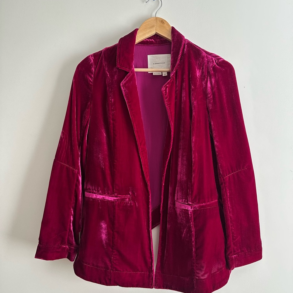 NWOT Anthropologie Velvet Blazer in Deep Pink